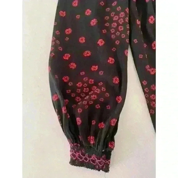 Free People XS Smocked Tunic Mini Dress Black Floral Boho WhimsyGoth Babydoll - Picture 9 of 15